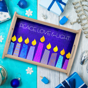 Hanukkah Menorah Candles on Blue Peace Love Light Serving Tray