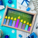 Hanukkah Menorah Candles on Green Peace Love Light Serving Tray<br><div class="desc">“Peace, love & light.” A playful, modern, artsy illustration of boho pattern candles helps you usher in the holiday of Hanukkah. Assorted blue candles with colorful faux foil patterns overlay a rich, deep green textured background. Feel the warmth and joy of the holiday season whenever you use this stunning, colorful...</div>