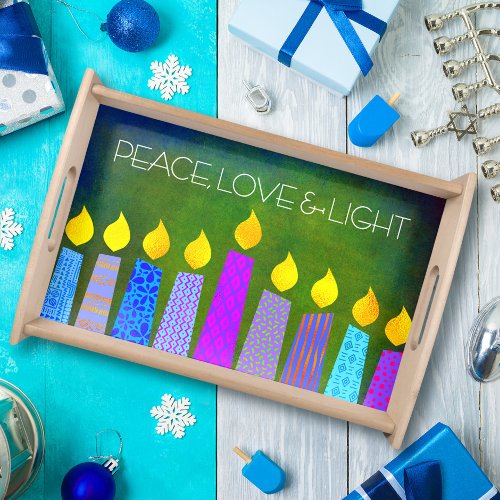 Hanukkah Menorah Candles on Green Peace Love Light Serving Tray