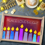 Hanukkah Menorah Candles on Red Peace Love Light Serving Tray<br><div class="desc">“Peace, love & light.” A playful, modern, artsy illustration of boho pattern candles helps you usher in the holiday of Hanukkah. Assorted blue candles with colorful faux foil patterns overlay a rich, deep burnt red orange textured background. Feel the warmth and joy of the holiday season whenever you use this...</div>