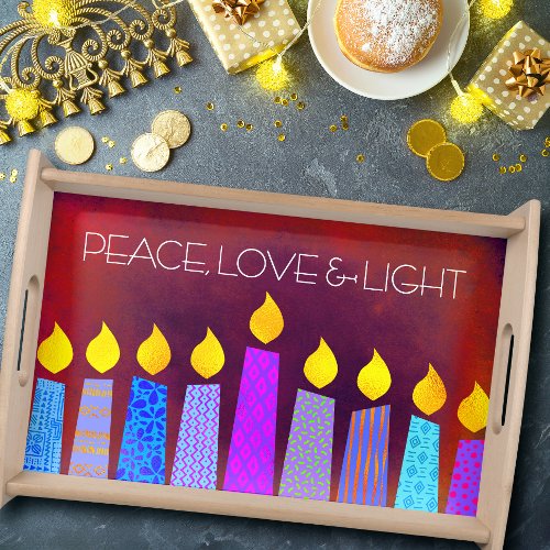 Hanukkah Menorah Candles on Red Peace Love Light Serving Tray