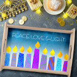 Hanukkah Menorah Candles on Turquoise Peace Love Serving Tray<br><div class="desc">“Peace, love & light.” A playful, modern, artsy illustration of boho pattern candles helps you usher in the holiday of Hanukkah. Assorted blue candles with colorful faux foil patterns overlay a turquoise gradient to white textured background. Feel the warmth and joy of the holiday season whenever you use this stunning,...</div>