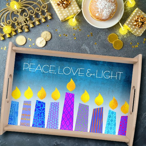 Hanukkah Menorah Candles on Turquoise Peace Love Serving Tray