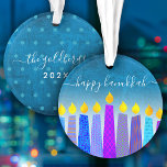 Hanukkah Menorah Candles Turquoise Keepsake Custom Ornament<br><div class="desc">“Happy Hanukkah.” A playful, modern, artsy illustration of boho pattern candles helps you usher in the holiday of Hanukkah in style. Assorted blue candles with colorful faux foil patterns overlay a turquoise gradient to white textured background. On the back, personalize with your family name and year, over a tiny turquoise...</div>