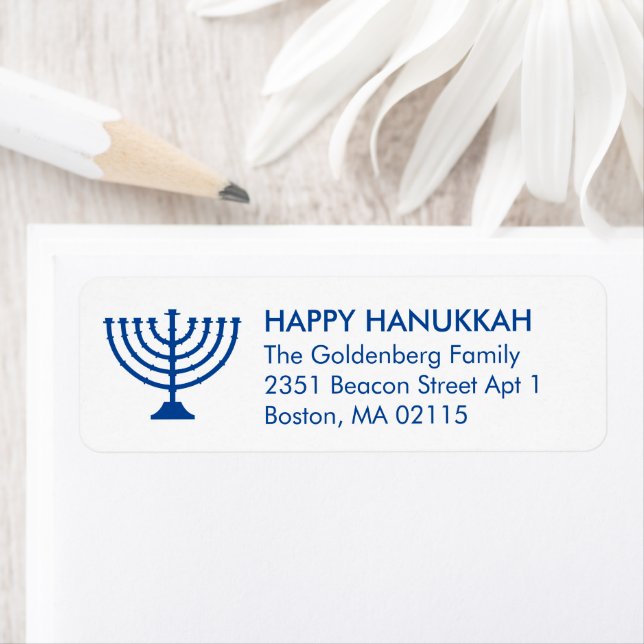 Hanukkah menorah custom blue white simple modern label (Insitu)