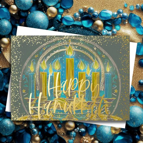 Hanukkah Menorah Drawing Yellow Blue Gray Foil Holiday Card