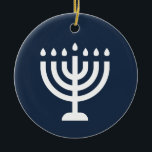 Hanukkah menorah festival of lights blue modern ceramic ornament<br><div class="desc">"Happy Hanukkah" ceramic round ornament with Menorah.</div>