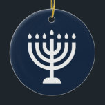 Hanukkah menorah festival of lights blue modern ceramic ornament<br><div class="desc">"Happy Hanukkah" ceramic round ornament with Menorah.</div>