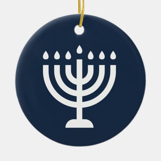 Hanukkah menorah festival of lights blue modern ceramic ornament (Front)