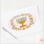 HANUKKAH Menorah floral wreath Jewish Holiday  Oval Sticker<br><div class="desc">Hand drawn florals by me for you.  For more designs and colors check my shop! Or let me know if you'd like something custom.  Ask if you don't find what you need! :)</div>