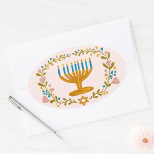 HANUKKAH Menorah floral wreath Jewish Holiday  Oval Sticker