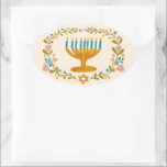 HANUKKAH Menorah floral wreath Jewish Holiday Oval Sticker<br><div class="desc">Hand drawn florals by me for you. For more designs and colors check my shop! Or let me know if you'd like something custom. Ask if you don't find what you need! :)</div>