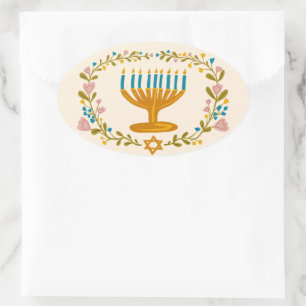 HANUKKAH Menorah floral wreath Jewish Holiday Oval Sticker
