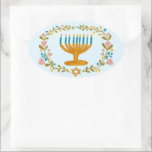 HANUKKAH Menorah floral wreath Jewish Holiday  Oval Sticker<br><div class="desc">Hand drawn florals by me for you.  For more designs and colors check my shop! Or let me know if you'd like something custom.  Ask if you don't find what you need! :)</div>