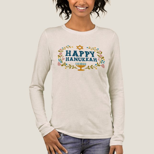 HANUKKAH Menorah floral wreath Jewish Holiday  Tri-Blend Shirt (Front)
