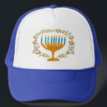 HANUKKAH Menorah floral wreath Jewish Holiday  Trucker Hat<br><div class="desc">Hand drawn florals by me for you.  Add your own text if you like. For more designs and colors check my shop! Or let me know if you'd like something custom.  Ask if you don't find what you need! :)</div>