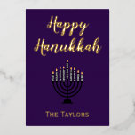 Hanukkah Menorah  Foil Holiday Card<br><div class="desc">A lovely greeting card for Hanukkah, this design features "Happy Hanukkah" on a lovely purple background. The center has a menorah with a place to insert your family's name at the bottom. The back continues with the beautiful purple background. There is a message of blessings included. Order yours today! Menorah:...</div>