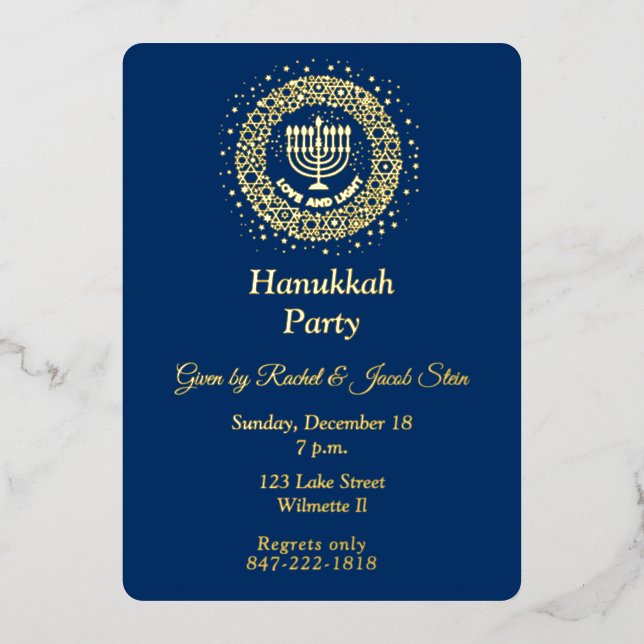 Hanukkah menorah  foil invitation (Front)