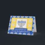 Hanukkah Menorah for a Daughter and Family Holiday Card<br><div class="desc">A silver menorah with blue candles on an ornate background decorates the cover of this Happy Hanukkah card for a daughter and her family. Card has a mosaic tile texture look. Art,  image,  and verse copyright © Shoaff Ballanger Studios,  2023.</div>