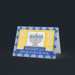 Hanukkah Menorah for a Son and His Family Holiday Card<br><div class="desc">A silver menorah with blue candles on an ornate background decorates the cover of this Happy Hanukkah card for a son and his family. Card has a mosaic tile texture look. Art,  image,  and verse copyright © Shoaff Ballanger Studios,  2023.</div>