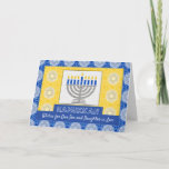 Hanukkah Menorah for Son and Daughter in Law Holiday Card<br><div class="desc">A silver menorah with blue candles on an ornate background decorates the cover of this Happy Hanukkah card for son and daughter in law. Card has a mosaic tile texture look. Art,  image,  and verse copyright © Shoaff Ballanger Studios,  2023.</div>
