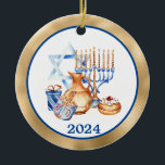 Hanukkah Menorah Gold Blue  Ceramic Ornament<br><div class="desc">This design may be personalized by choosing the Edit Design option. You may also transfer onto other items. Contact me at colorflowcreations@gmail.com or use the chat option at the top of the page if you wish to have this design on another product or need assistance with this design. See more...</div>