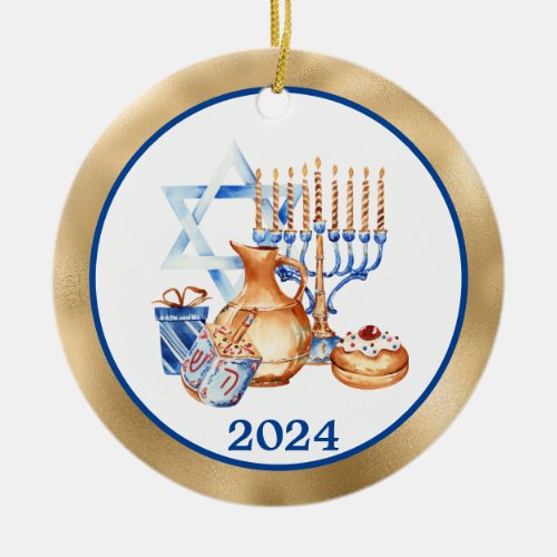 Hanukkah Menorah Gold Blue  Ceramic Ornament