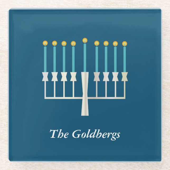 Hanukkah Menorah in Blue Custom Family Name Glass Coaster (Front)