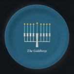 Hanukkah Menorah in Blue Custom Family Name Paper Plates<br><div class="desc">This stylish custom paper plate set features a Hanukkah themed design of a minimalist menorah in blue. Personalize it with your name. Great gift idea!</div>