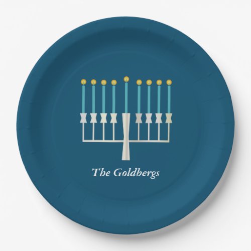 Hanukkah Menorah in Blue Custom Family Name Paper Plates