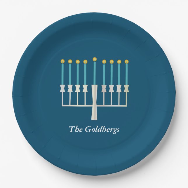 Hanukkah Menorah in Blue Custom Family Name Paper Plates (Front)