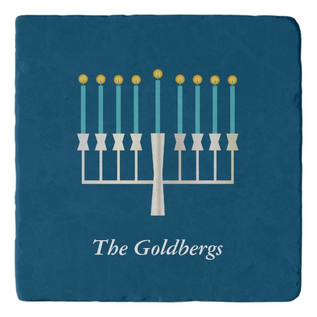 Hanukkah Menorah in Blue Custom Family Name Trivet (Front)