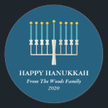 Hanukkah Menorah in Blue Personalized Classic Round Sticker<br><div class="desc">Simple Hanukkah greeting with a lit menorah illustration in blue. All text can be customized so you can use your preferred Hanukkah spelling.</div>