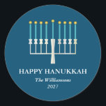 Hanukkah Menorah in Blue Personalized Classic Round Sticker<br><div class="desc">Simple Hanukkah greeting with a lit menorah illustration in blue. All text can be customized so you can use your preferred Hanukkah spelling.</div>