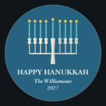 Hanukkah Menorah in Blue Personalized Classic Round Sticker<br><div class="desc">Simple Hanukkah greeting with a lit menorah illustration in blue. All text can be customized so you can use your preferred Hanukkah spelling.</div>