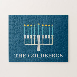 Hanukkah Menorah in Blue Personalized Jigsaw Puzzle