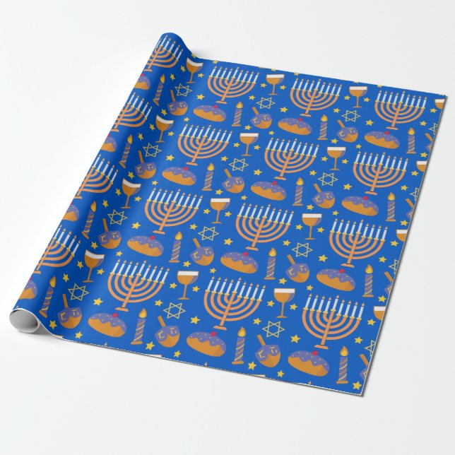 Hanukkah Menorah Jewish Holiday Pattern Wrapping Paper (Unrolled)