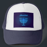 Hanukkah Menorah lights Festival decoration Trucker Hat<br><div class="desc">Hanukkah Menorah lights Festival decoration Navy blue neon color,  modern design,  75th Anniversary Israel festival celebrate birthday gifts Accessories > Hats & Hair Accessories > Hats & Caps > Baseball & Trucker Hats</div>