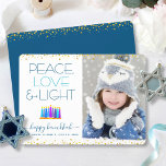 Hanukkah Menorah Modern Peace Love Light Photo Holiday Card<br><div class="desc">“Peace, love & light.” A playful, modern, artsy illustration of boho pattern candles in a menorah helps you usher in the holiday of Hanukkah, along with the custom photo of your choice. Assorted blue candles with colorful faux foil patterns overlay a white background. Faux gold foil confetti dots frame the...</div>