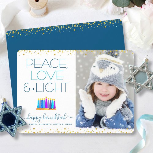Hanukkah Menorah Modern Peace Love Light Photo Holiday Card