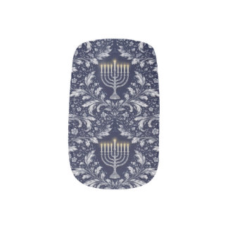 Hanukkah Menorah Navy Blue Botanical Minx Nail Art