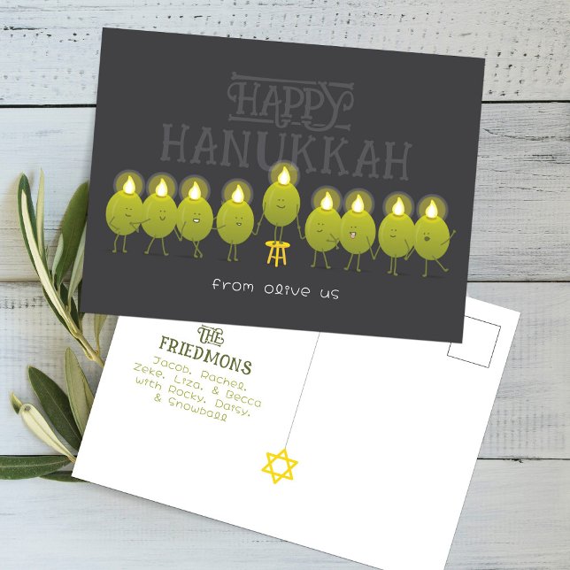 Hanukkah Menorah Olives, Dark Gray Group Postcard (Creator Uploaded)