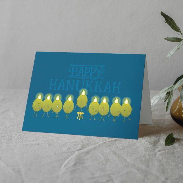 Hanukkah Menorah Olives, Teal Blue Folded Group Card (Creator Uploaded)