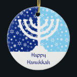 Hanukkah Menorah Ornament<br><div class="desc">The perfect ornament for the interfaith family. A Hanukkah menorah is silhouetted against a field of dark and light blue stars and snowflakes. Your personalized message goes below. Also can be used as  fan,  light or blind pulls or wall decor. Available with matching products.</div>