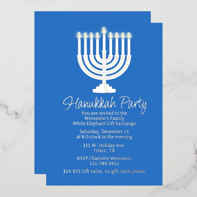 Hanukkah Menorah Party  Foil Invitation (Front/Back)