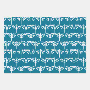 Hanukkah Menorah Pattern in Teal and White Wrapping Paper Sheets