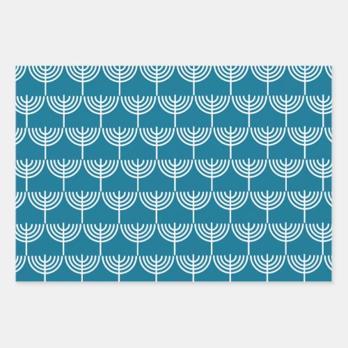 Hanukkah Menorah Pattern in Teal and White Wrapping Paper Sheets