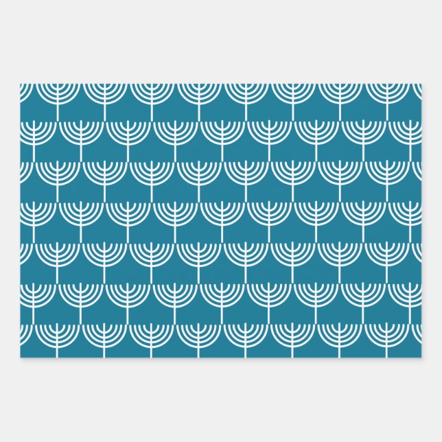 Hanukkah Menorah Pattern in Teal and White Wrapping Paper Sheets (Front)