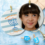 Hanukkah Menorah Photo Blue Orange  Ceramic Ornament<br><div class="desc">Change up your Hanukkah wishes with this modern striped Menorah design. Still using the traditional seasonal colors.
The blue Menorah has orange flames.
Blues and oranges.
There is a place for your own personal or family photo 
Modern and simple Hanukkah greeting.</div>