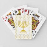 Hanukkah MENORAH Playing Cards<br><div class="desc">Elegant white Hanukkah MENORAH playing cards, showing with faux gold menorah in a tiled pattern. At the center, there is an image of a large menorah which is CUSTOMIZABLE, so you can upload your own image. Underneath, the text reads CHAG SAMEACH. This is also customizable so you can add your...</div>